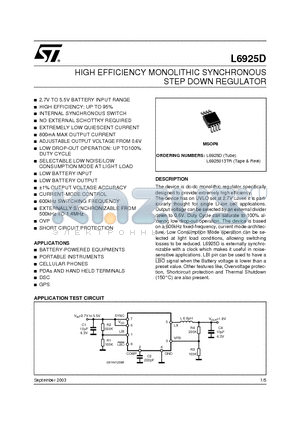 L6925D datasheet - HIGH EFFICIENCY MONOLITHIC SYNCHRONOUS STEP DOWN REGULATOR