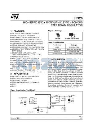 L6926D1 datasheet - HIGH EFFICIENCY MONOLITHIC SYNCHRONOUS STEP DOWN REGULATOR