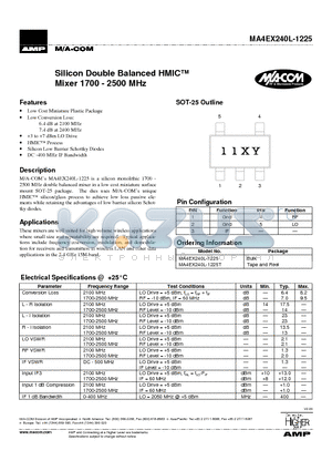 MA4EX240L-1225T datasheet - Silicon Double Balanced HMIC Mixer 1700 - 2500 MHz