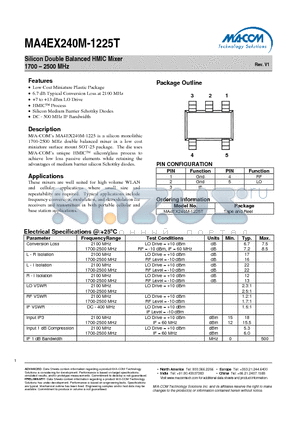 MA4EX240M-1225T datasheet - Silicon Double Balanced HMIC Mixer 1700 - 2500 MHz