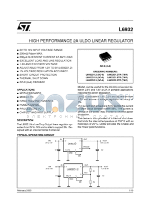 L6932D1.2TR datasheet - HIGH PERFORMANCE 2A ULDO LINEAR REGULATOR