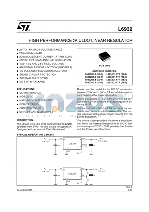 L6932D1.8 datasheet - HIGH PERFORMANCE 2A ULDO LINEAR REGULATOR