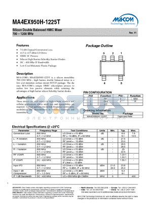 MA4EX950H-1225T datasheet - Silicon Double Balanced HMIC Mixer 700 - 1200 MHz