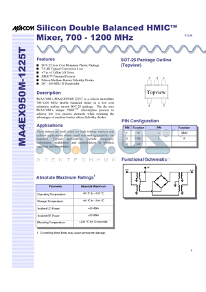 MA4EX950M-1225T datasheet - Silicon Double Balanced HMICTM Mixer, 700 - 1200 MHz