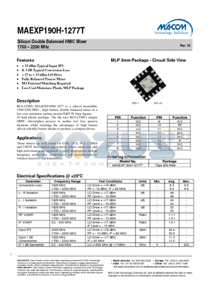 MA4EXP190H-1277T datasheet - Silicon Double Balanced HMIC Mixer 1700 - 2200 MHz
