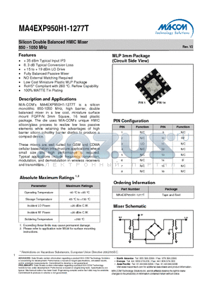MA4EXP950H1-1277T datasheet - Silicon Double Balanced HMIC Mixer 850 - 1050 MHz