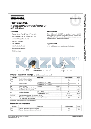 FDPF320N06L datasheet - N-Channel PowerTrench^ MOSFET 60V, 21A, 25mY