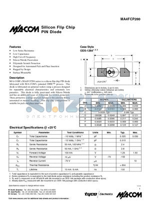 MA4FCP200 datasheet - Silicon Flip Chip PIN Diode