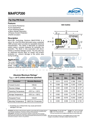 MA4FCP200 datasheet - Flip Chip PIN Diode