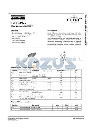FDPF33N25 datasheet - 250V N-Channel MOSFET