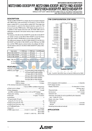 M37210M3-010SP datasheet - SINGLE-CHIP 8-BIT CMOS MICROCOMPUTER for VOLTAGE SYNTHESIZER with ON-SCREEN DISPLAY CONTROLLER