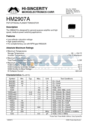 HM2907A datasheet - PNP EPITAXIAL PLANAR TRANSISTOR