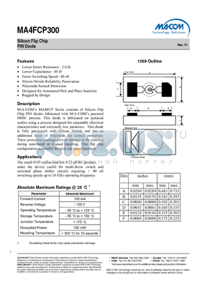 MA4FCP300 datasheet - Silicon Flip Chip PIN Diode