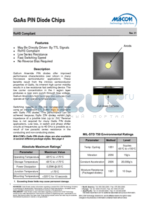 MA4GP022-277 datasheet - GaAs PIN Diode Chips