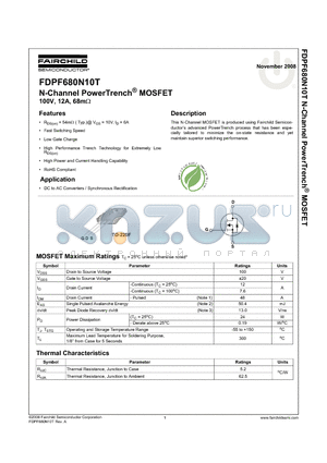 FDPF680N10T datasheet - N-Channel PowerTrench^ MOSFET 100V, 12A, 68mY