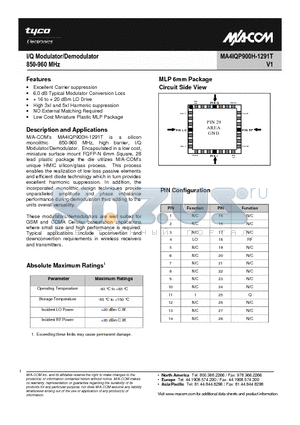 MA4IQP900H-1291T datasheet - I/Q Modulator/Demodulator 850-960 MHz