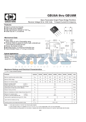 GBU8A datasheet - Glass Passivated Single-Phase Bridge Rectifiers Reverse Voltage 50 to 1000 Volts Forward Current 8.0 Amperes