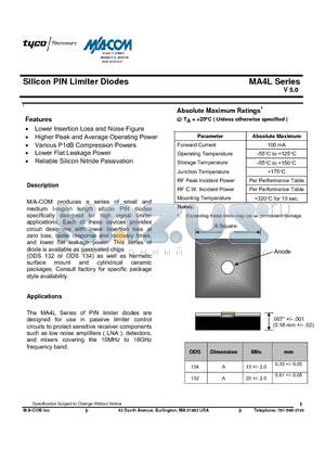MA4L011-134 datasheet - Silicon PIN Limiter Diodes