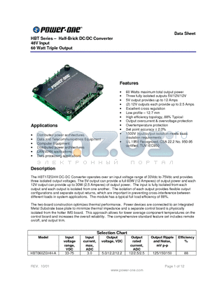 HBT060ZGHH datasheet - HBT Series . Half-Brick DC/DC Converter 48V Input 60 Watt Triple Output