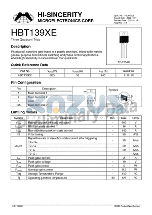 HBT139DE datasheet - Three Quadrant Triac