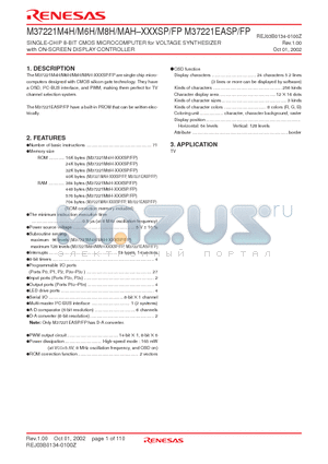 M37221M4H datasheet - SINGLE-CHIP 8-BIT CMOS MICROCOMPUTER for VOLTAGE SYNTHESIZER with ON-SCREEN DISPLAY CONTROLLER