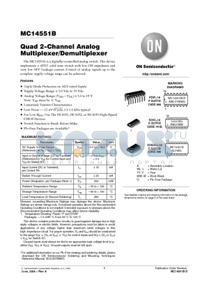 MC14551BCP datasheet - Quad 2−Channel Analog Multiplexer/Demultiplexer