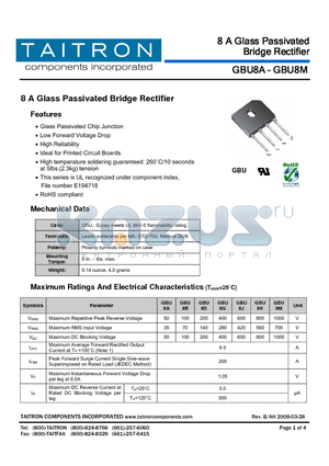 GBU8D datasheet - 8 A Glass Passivated Bridge Rectifier