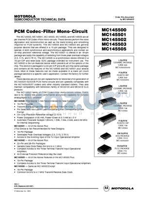 MC145505 datasheet - PCM CODEC-FILTER MONO- CIRCUIT