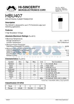 HBU407 datasheet - NPN EPITAXIAL PLANAR TRANSISTOR
