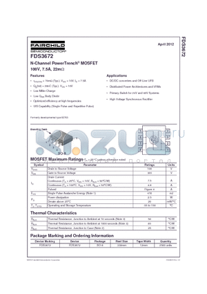 FDS3672_12 datasheet - N-Channel PowerTrench^ MOSFET 100V, 7.5A, 22mY
