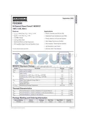 FDS3692 datasheet - N-Channel PowerTrench MOSFET 100V, 45A, 60mohm