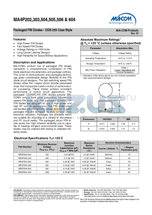 MA4P202 datasheet - Packaged PIN Diodes - ODS-255 Case Style