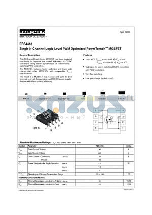 FDS4410 datasheet - Single N-Channel Logic Level PWM Optimized PowerTrenchTM MOSFET