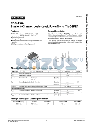 FDS4410A datasheet - Single N-Channel, Logic-Level, PowerTrench MOSFET