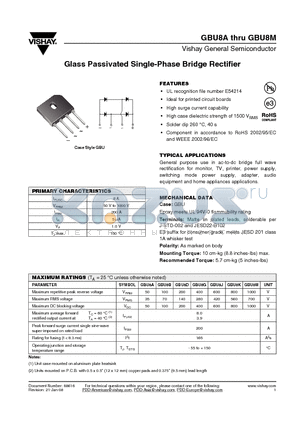 GBU8J datasheet - Glass Passivated Single-Phase Bridge Rectifier