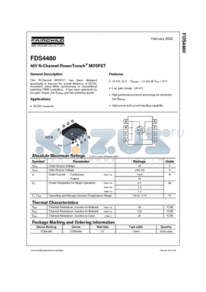 FDS4480 datasheet - 40V N-Channel PowerTrench MOSFET