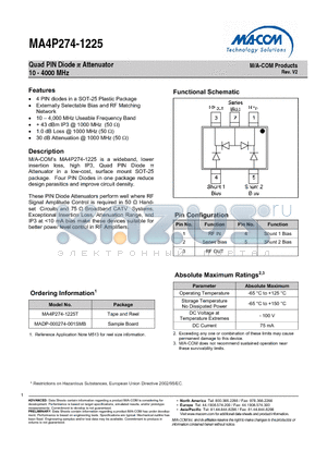 MA4P274-1225T datasheet - Quad PIN Diode p Attenuator 10 - 4000 MHz