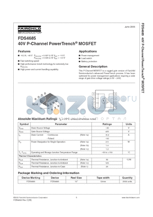 FDS4685 datasheet - 40V P-Channel PowerTrench MOSFET