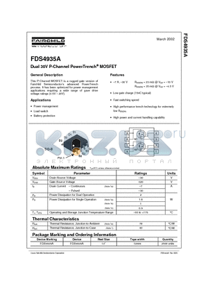 FDS4935A datasheet - Dual 30V P-Channel PowerTrench MOSFET