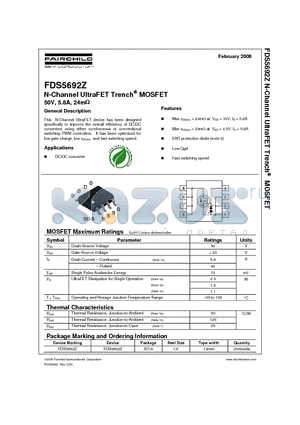 FDS5692Z datasheet - N-Channel UltraFET Trench MOSFET 50V, 5.8A, 24m Ohm