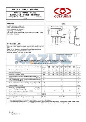GBU8M datasheet - SINGLE PHASE GLASS PASSIVATED BRIDGE RECTIFIER Voltage: 50 to 1000V Current: 8.0A