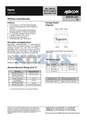 MA4P290-1225T datasheet - PIN Diode p Quad Attenuator