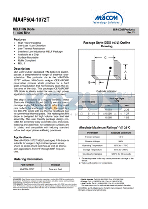 MA4P504-1072T datasheet - MELF PIN Diode 1 - 4000 MHz