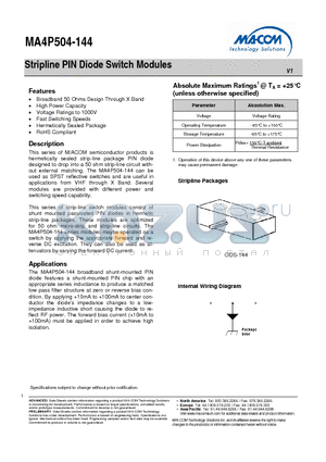 MA4P504-144 datasheet - Stripline PIN Diode Switch Modules