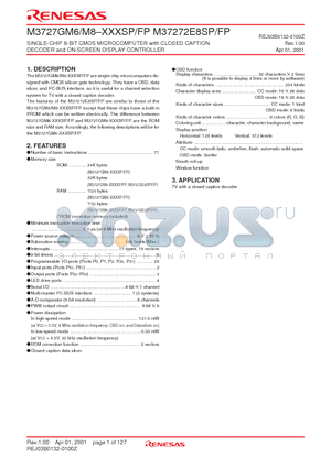 M3727GM6-XXXSP datasheet - SINGLE-CHIP 8-BIT CMOS MICROCOMPUTER with CLOSED CAPTION DECODER and ON-SCREEN DISPLAY CONTROLLER