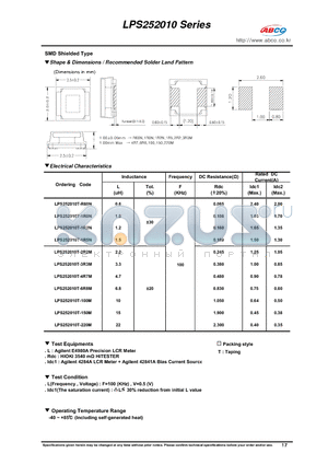LPS252010T-1R5N datasheet - Shape & Dimensions / Recommended Solder Land Pattern