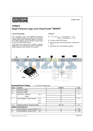 FDS6675 datasheet - Single P-Channel, Logic Level, PowerTrenchTM MOSFET