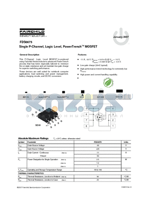 FDS6675 datasheet - Single P-Channel, Logic Level, PowerTrenchTM MOSFET