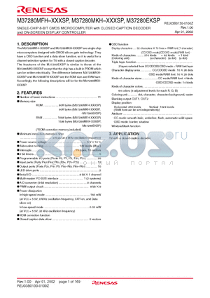 M37280EKSP datasheet - SNGLE-CHIP 8-BIT CMOS MICROCOMPUTER with CLOSED CAPTION DECODER and ON-SCREEN DISPLAY CONTROLLER