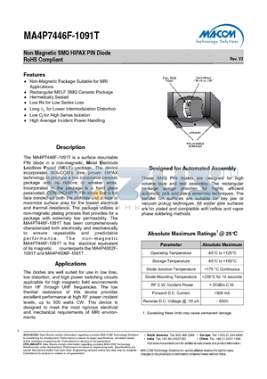 MA4P7446F-1091T datasheet - Non Magnetic SMQ HIPAX PIN Diode RoHS Compliant